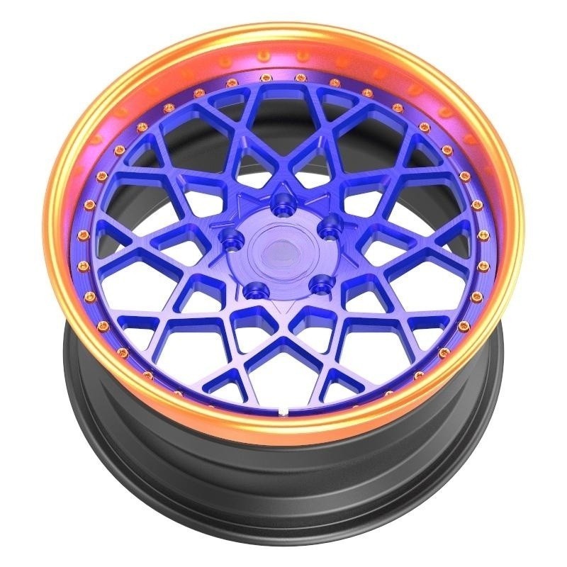 Reverse mount brush with orange clear coat lip brush with blue clear coat center disc matt black inner 3 piece forged rims