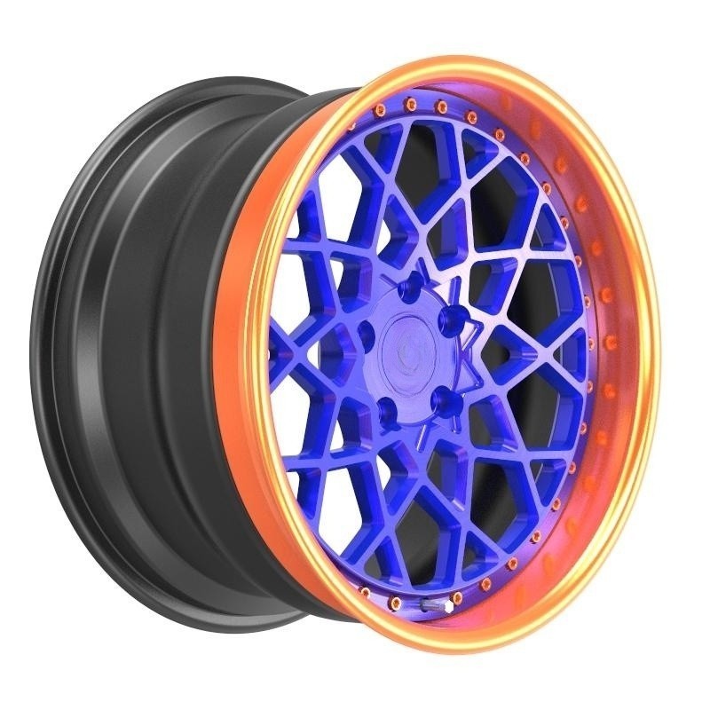 Reverse mount brush with orange clear coat lip brush with blue clear coat center disc matt black inner 3 piece forged rims