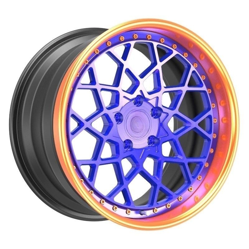 Reverse mount brush with orange clear coat lip brush with blue clear coat center disc matt black inner 3 piece forged rims