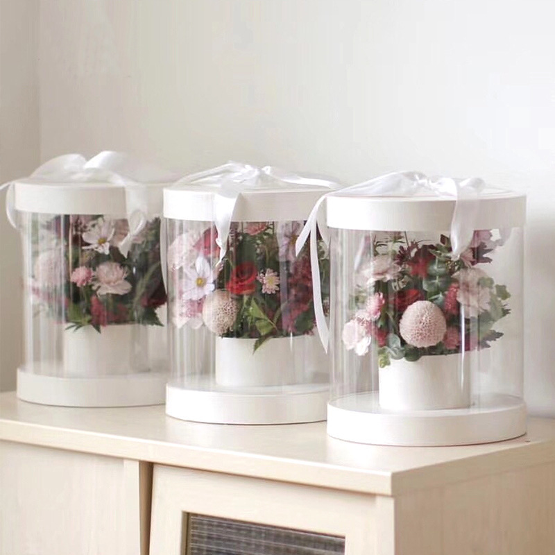 Wholesale Unique Luxury Cardboard Paper Round Flower Box PVC Packaging Box For Floral Gift