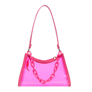 Wholesale ladies summer hot pink jelly purses girls underarm shoulder bags women stylish clear handbag with chain