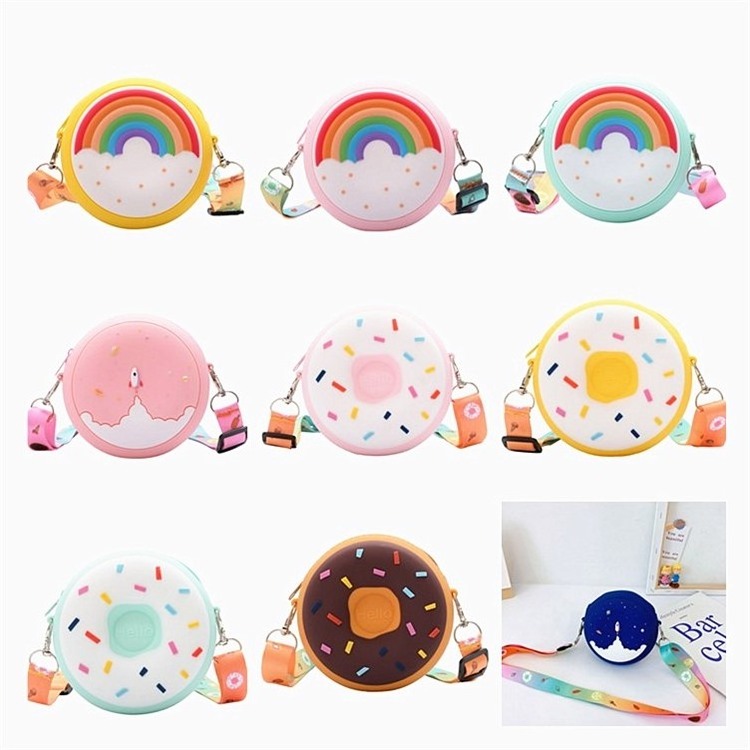 Rainbow Printed Pocket Pack Kid Toddler Girl Children Shoulder Handbag Donut Round Crossbody Bag Adjustable Strap Holiday Travel