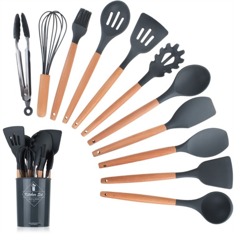 Logo Best Silicone Cooking Utensil Set Wooden Handle Spatula Soup Spoon Brush Ladle Pasta Non-stick Cookware Kitchen Tools