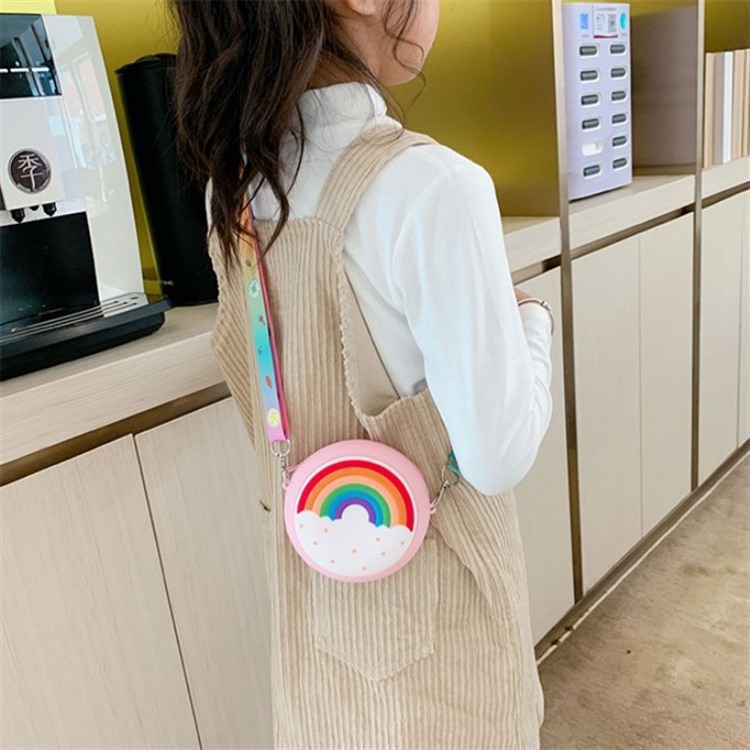 Rainbow Printed Pocket Pack Kid Toddler Girl Children Shoulder Handbag Donut Round Crossbody Bag Adjustable Strap Holiday Travel