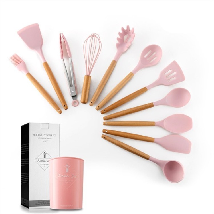 Logo Best Silicone Cooking Utensil Set Wooden Handle Spatula Soup Spoon Brush Ladle Pasta Non-stick Cookware Kitchen Tools