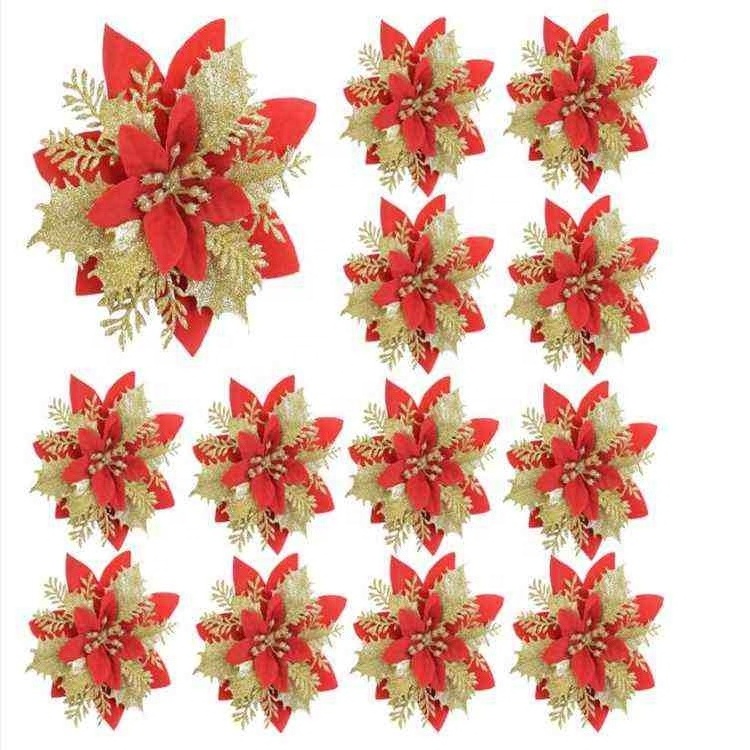 Custom Logo Xmas Tree Decoration Glitter Flower Gold Powder Flower Artificial Christmas Decorative Flowers & Wreaths Simulation