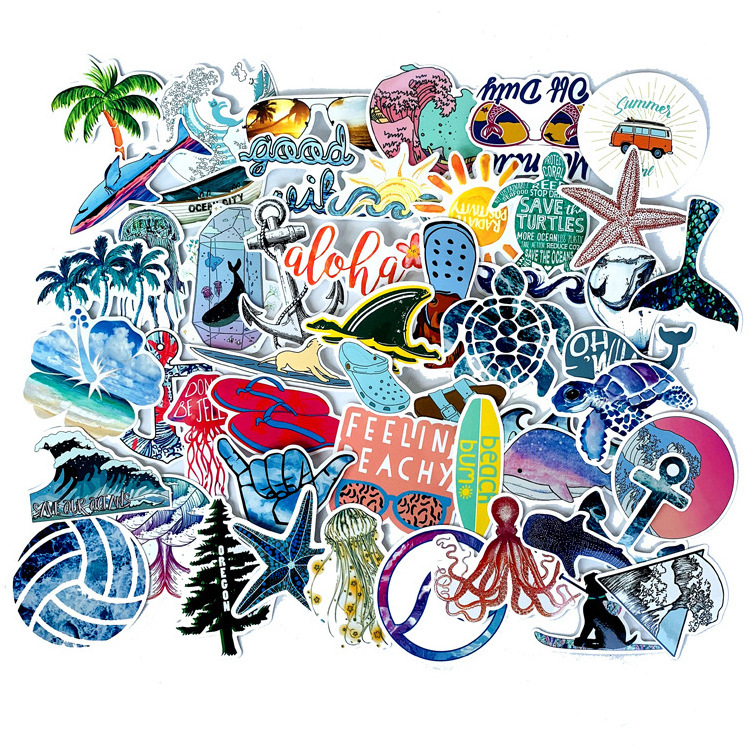 50Pcs Painting Ocean Bikini Wave Beach Graffiti Decal Stickers For Decorative Hand Account Planner Journal Scrapbook