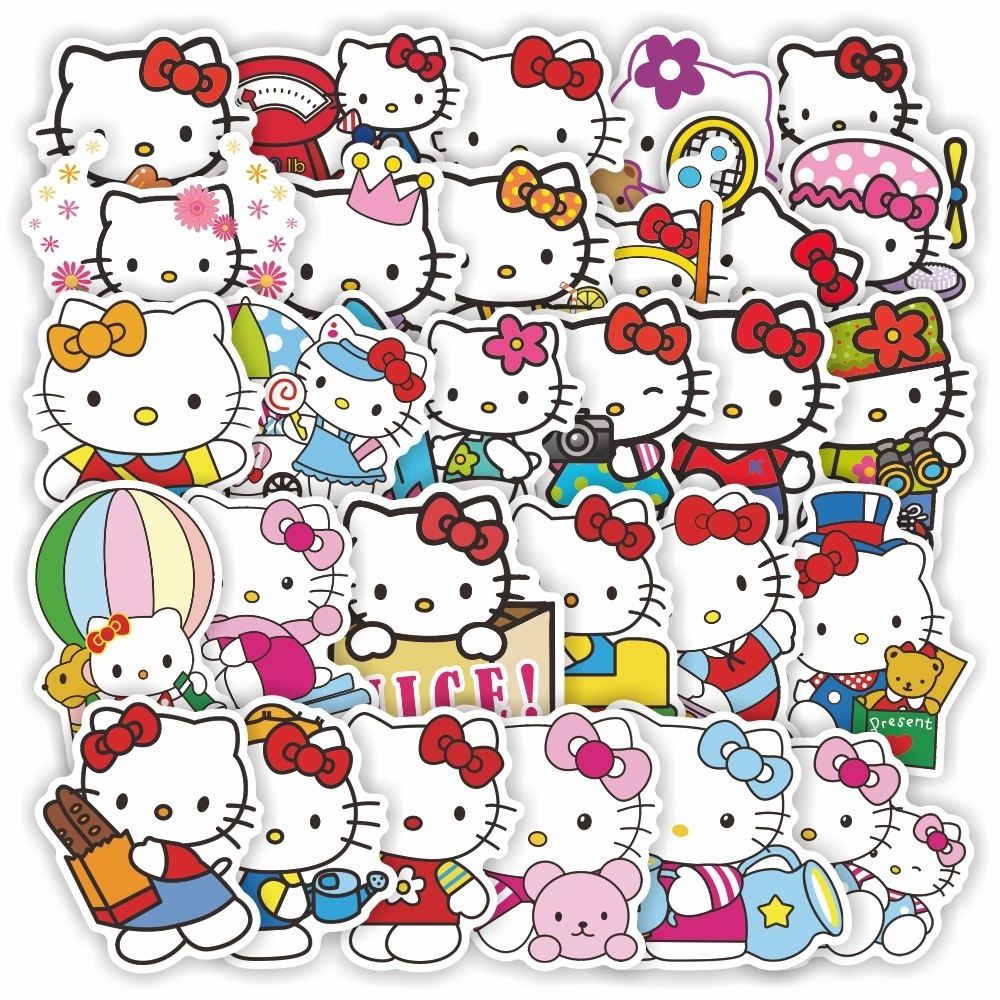 Custom 50pcs Waterproof Die Cut Cute Cartoon Hello Kitty Stickers For Diy Decorative Luggage Laptop Skateboard Window Wall