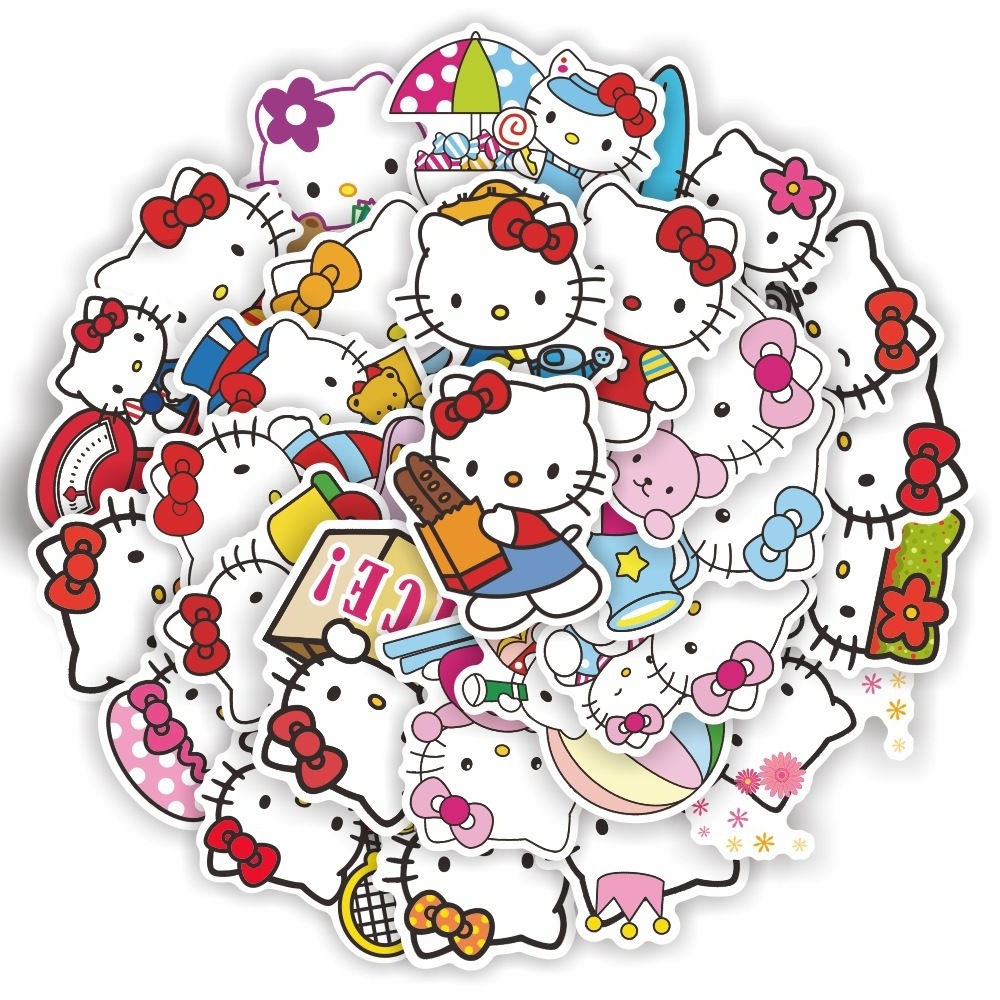 Custom 50pcs Waterproof Die Cut Cute Cartoon Hello Kitty Stickers For Diy Decorative Luggage Laptop Skateboard Window Wall