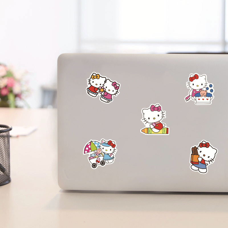 Custom 50pcs Waterproof Die Cut Cute Cartoon Hello Kitty Stickers For Diy Decorative Luggage Laptop Skateboard Window Wall