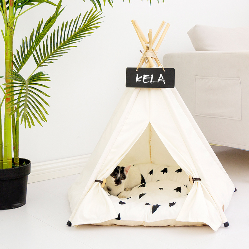 Luxury Outdoor Portable Foldable Wooden Pet Camping House Dog Cat Canvas Creative Pet Soft Teepee Tent Sofa Bed Pet Dog Camp