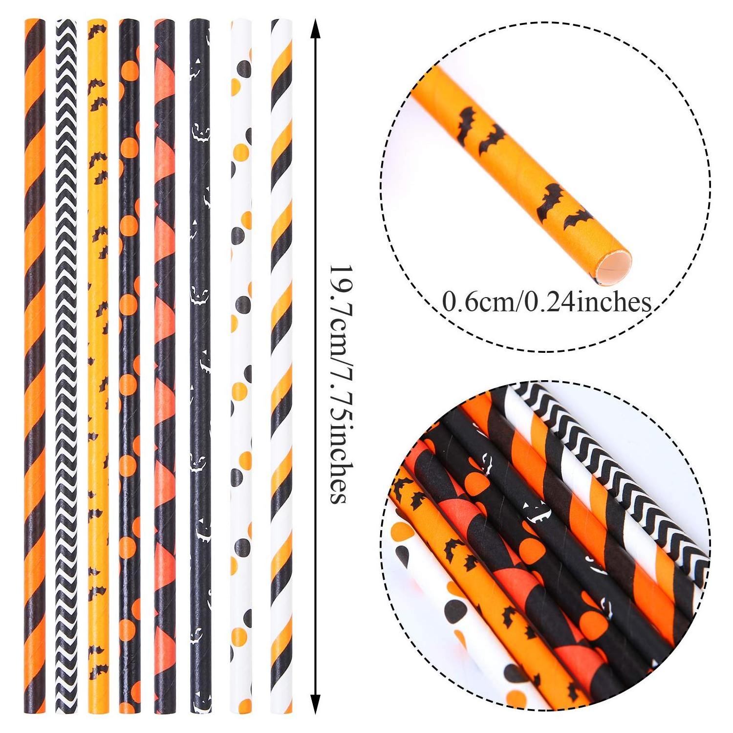 200 Pieces Halloween Paper Straws Pumpkin Bat Spider Web Pattern Straws Black Orange Biodegradable Paper Drinking Straws