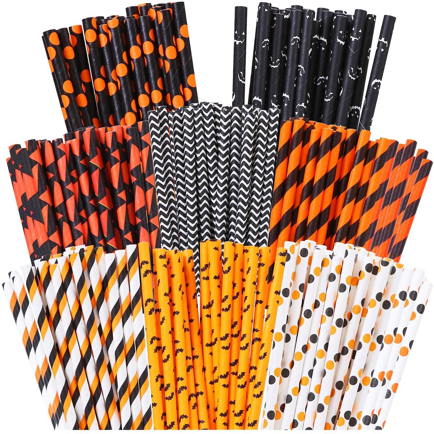 200 Pieces Halloween Paper Straws Pumpkin Bat Spider Web Pattern Straws Black Orange Biodegradable Paper Drinking Straws