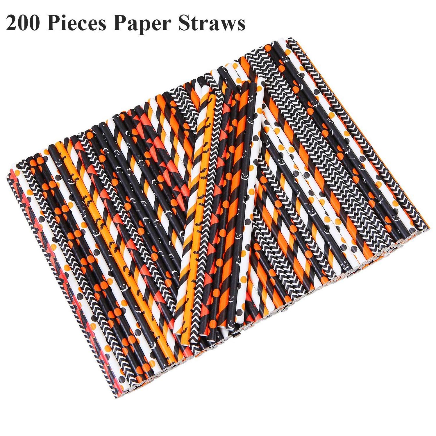 200 Pieces Halloween Paper Straws Pumpkin Bat Spider Web Pattern Straws Black Orange Biodegradable Paper Drinking Straws