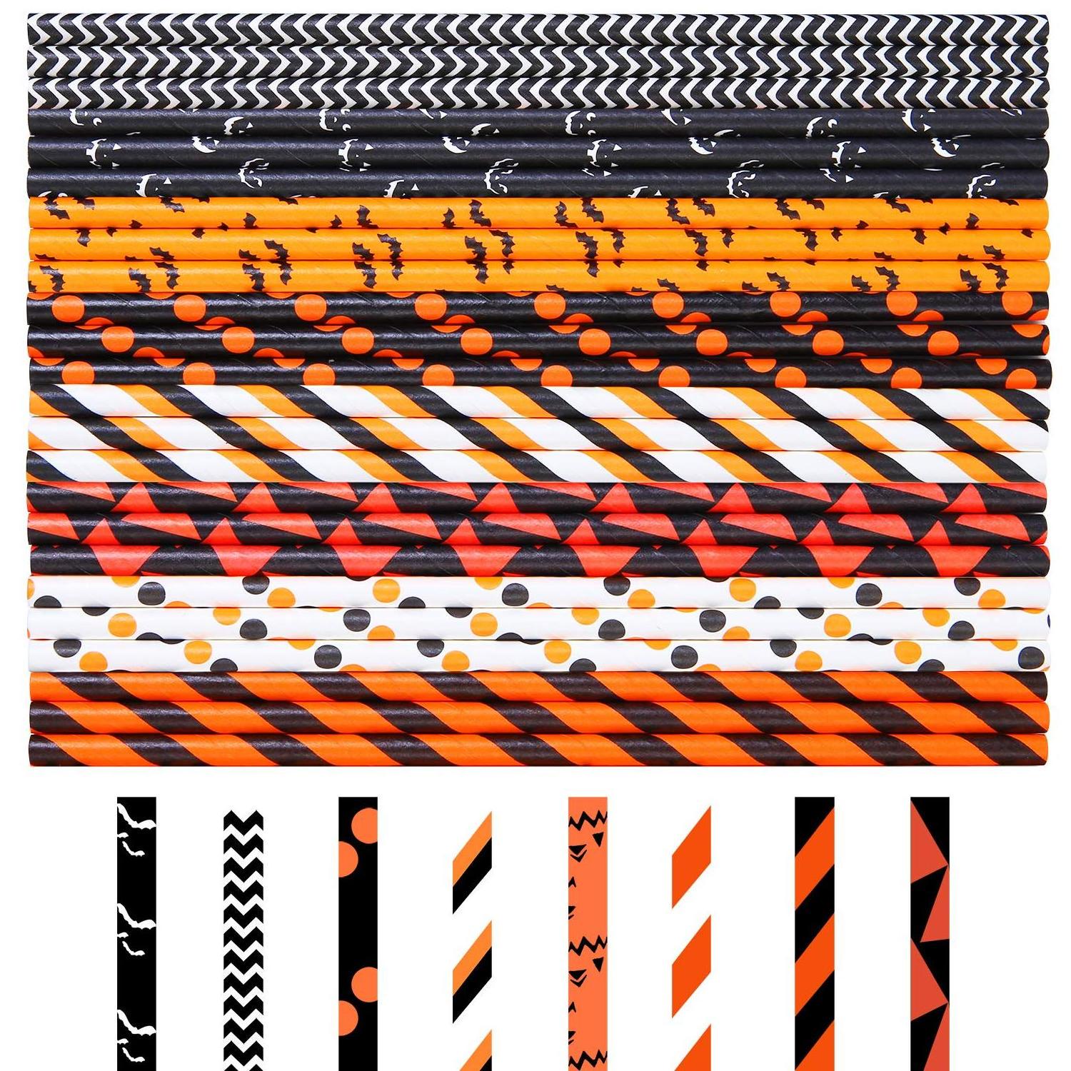 200 Pieces Halloween Paper Straws Pumpkin Bat Spider Web Pattern Straws Black Orange Biodegradable Paper Drinking Straws