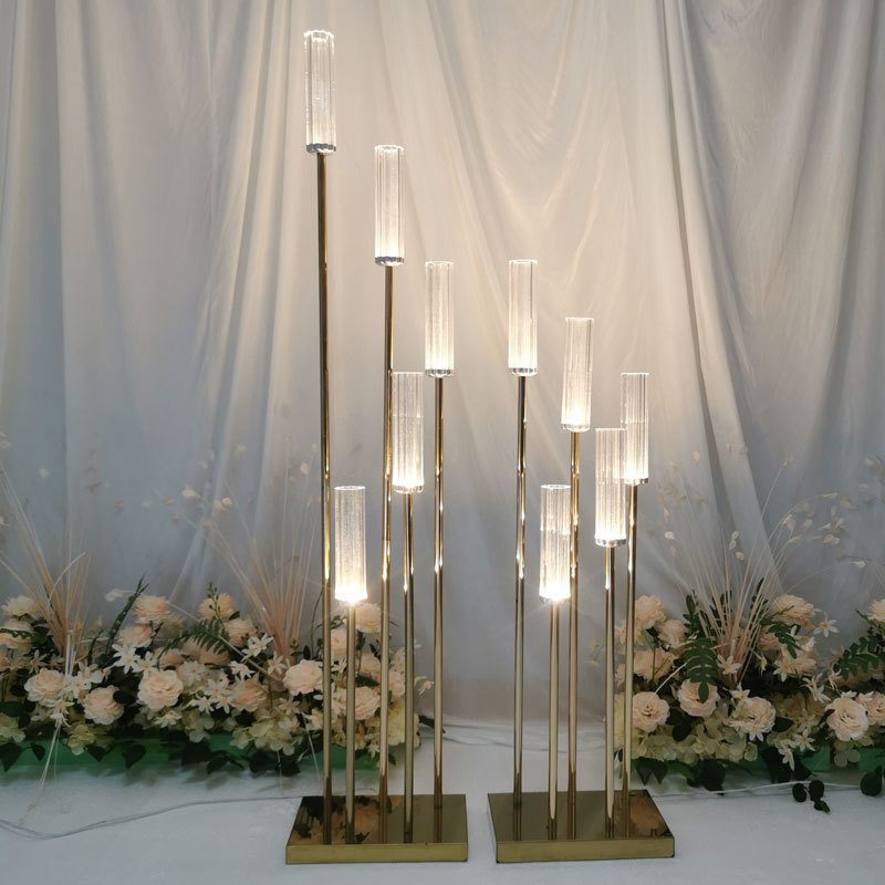 wholesale 8 heads metal candlestick holder acrylic clear pillar tube gold candelabra for home wedding table centerpieces decor