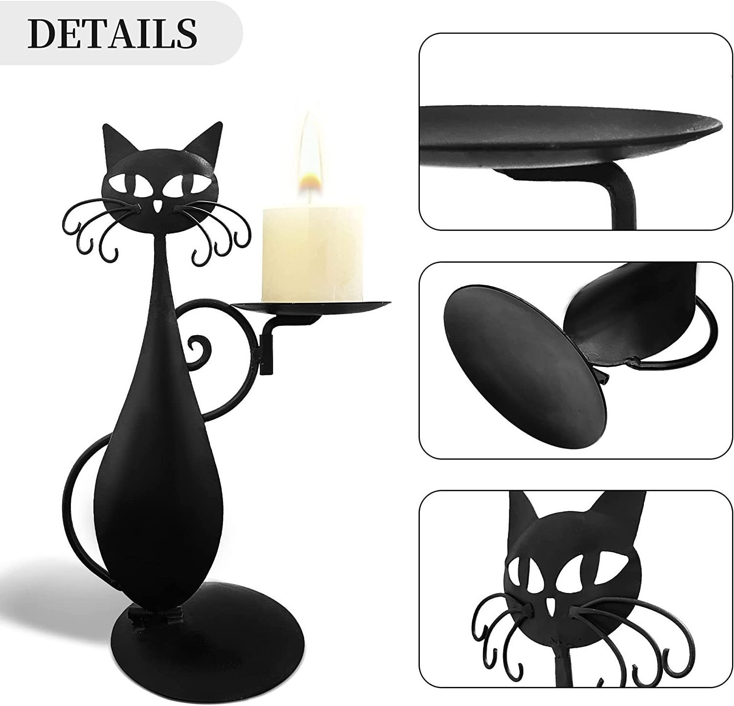 Black Cat Candle Holder for Pillar Candle Led Flameless Candles Metal animal candlestick gifts for Rustic home wedding decor