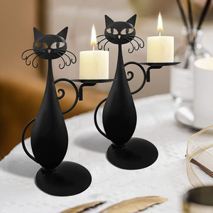 Black Cat Candle Holder for Pillar Candle Led Flameless Candles Metal animal candlestick gifts for Rustic home wedding decor