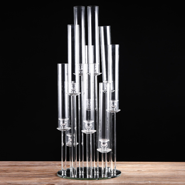 Luxury 10 heads glass candlestick holder crystal glass pillar cube clear candelabra for home wedding table centerpieces decor