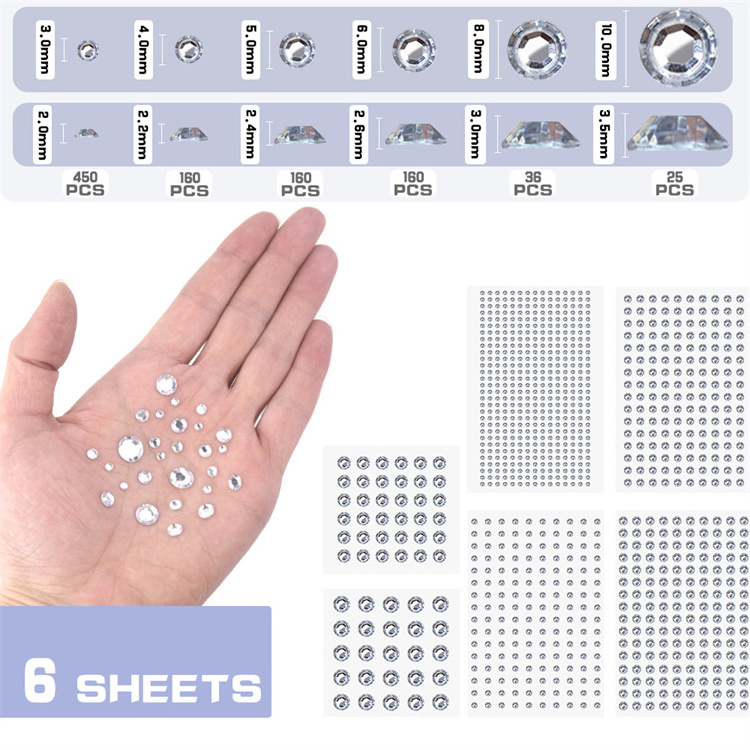 Hisenlee Amazon Hot Sale 991 Pieces Crystal White 3D Rhinestones Stickers Self Adhesive Face Rhinestones Stick Jewels Stickers