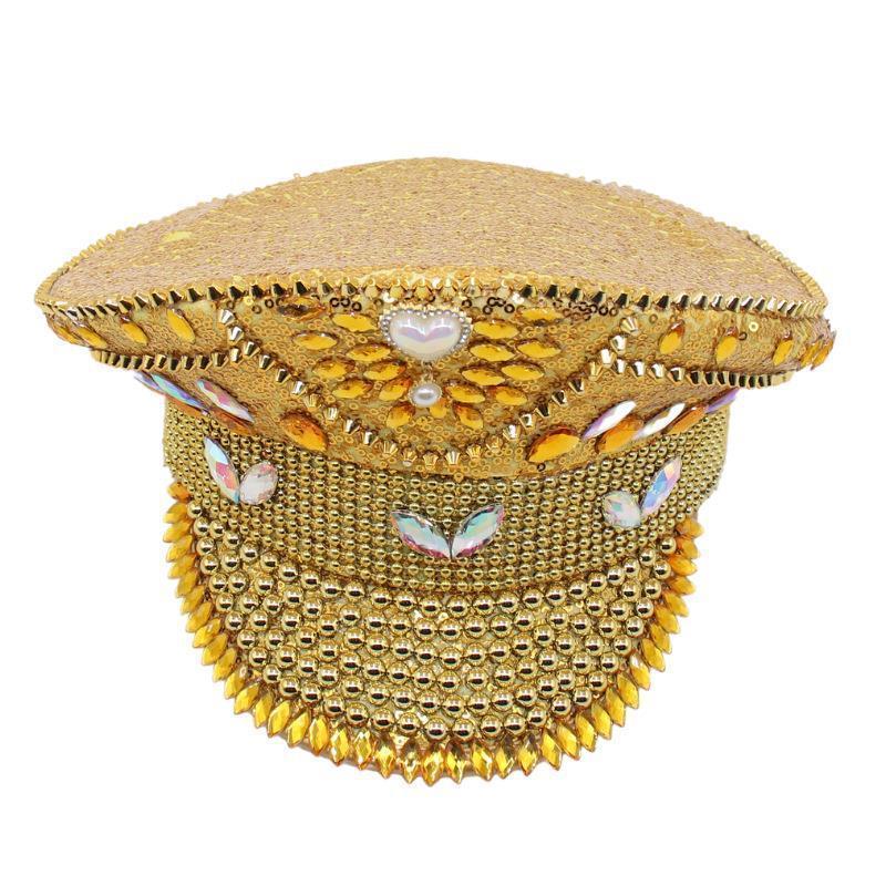 Hot Radium Sequined Steampunk Hat With Sparking Rhinestones Rave Captain Party Hat Festival Performance Stage Hat