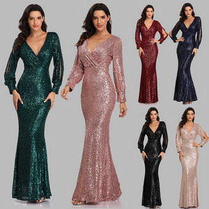 Women Ladies Elegant prom Dresses Party Sequin Long Sleeved Evening Dress Fishtail Mother Of Bride Wedding Casual Dress