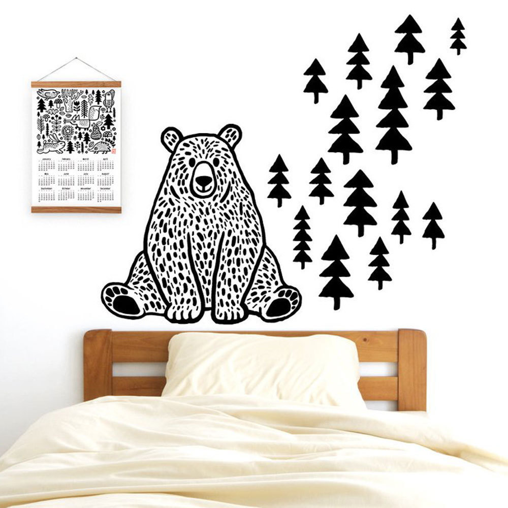 forest animal wall sticker pine tree bear home decoration waterproof PVC carved wall sticker