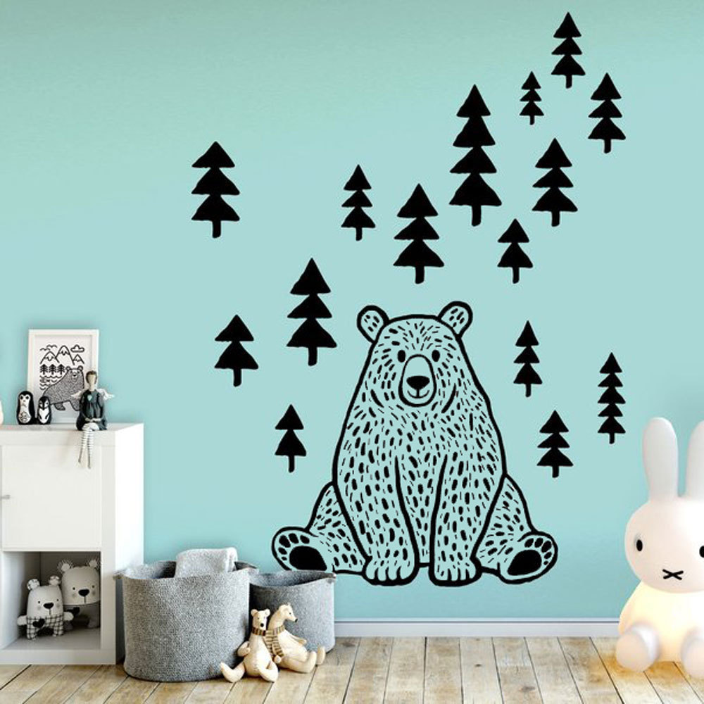 forest animal wall sticker pine tree bear home decoration waterproof PVC carved wall sticker