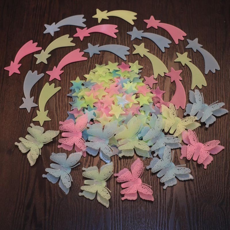 Beautiful Set Fluorescent 3D Glow In The Dark Moon Stars Wall Stickers