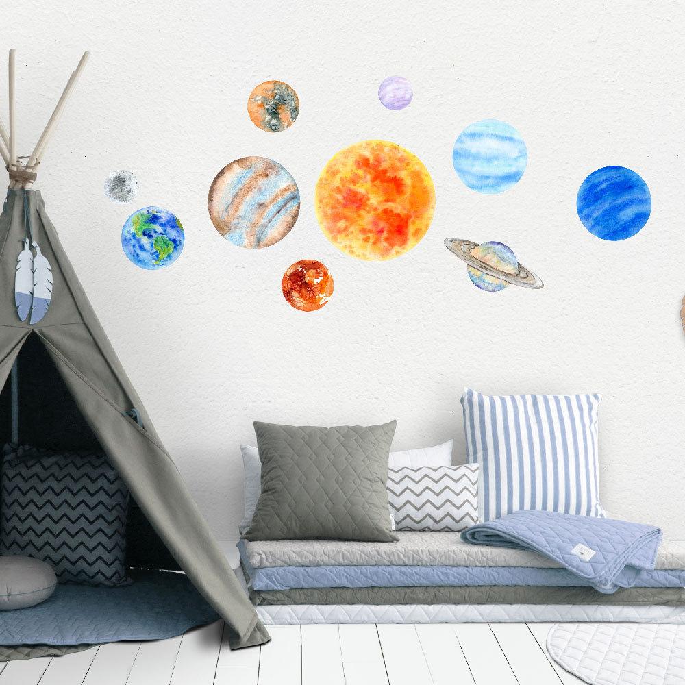 Glow in The Dark Watercolor Planets Bright Solar System Wall Stickers 10 Luminous Ceiling Decals for Kids Bedroom Room