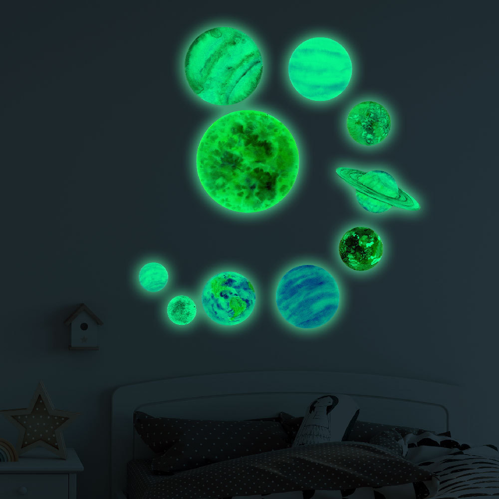 Glow in The Dark Watercolor Planets Bright Solar System Wall Stickers 10 Luminous Ceiling Decals for Kids Bedroom Room