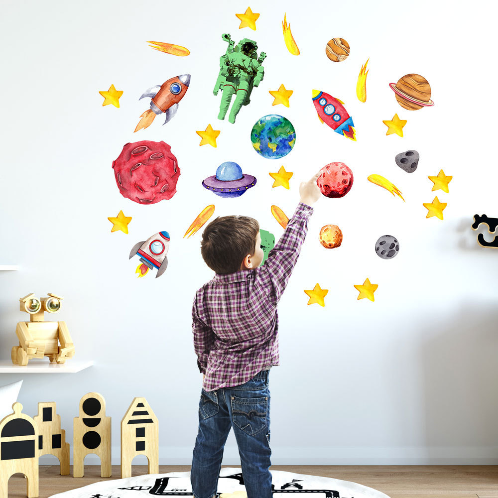 Luminous Spaceship Astronaut Starry Wall Sticker Removable PVC Planet Solar Rocket Window Mural Moistureproof Door Decal