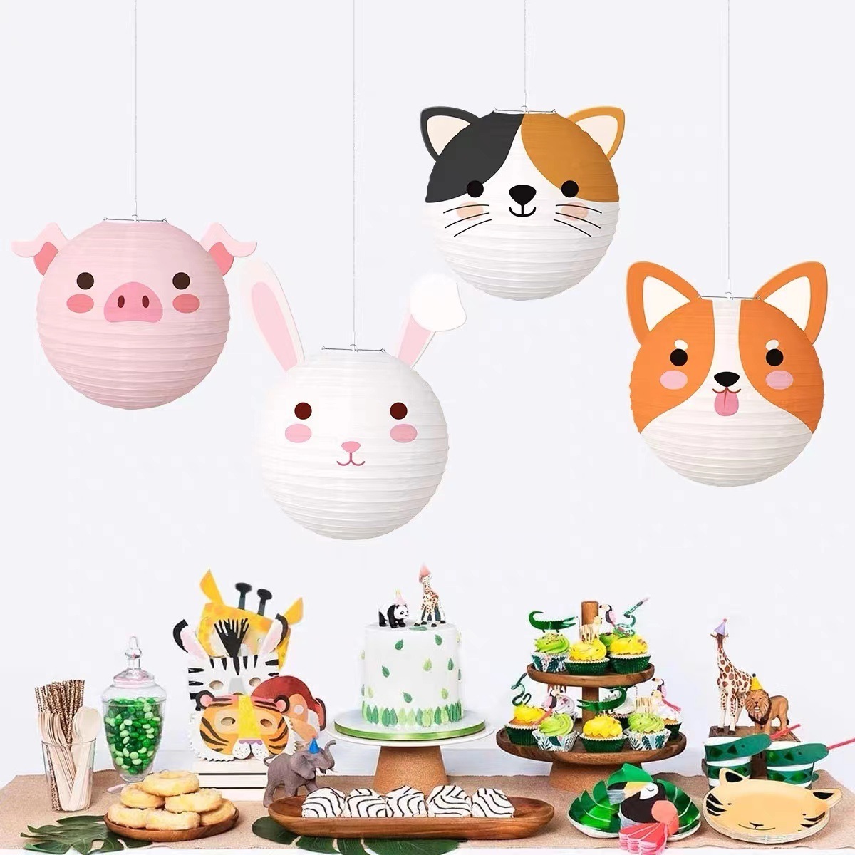 New Arrival Cartoon Animal Paper Lantern Jungle Rabbit Tiger Lion Hanging Paper Lantern Kid Birthday Party Decoration Supplies