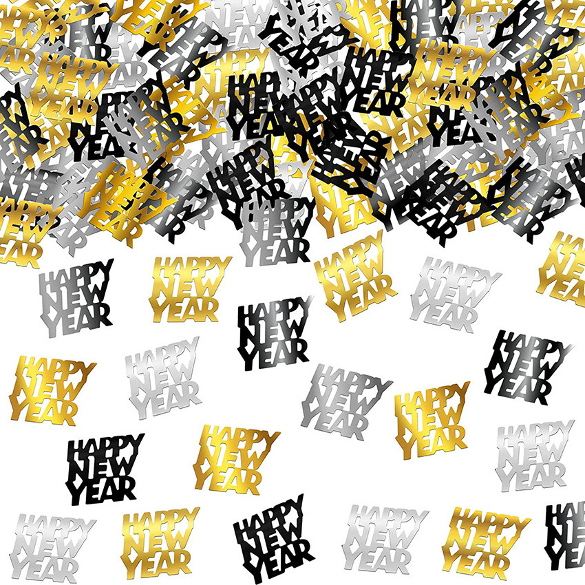 New 100pcs/bag Happy New Year Letter Paper Confetti Bronzing Black Gold Throwing Confetti For New Year Party Decoration Supplies