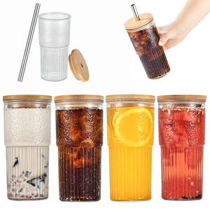 22oz 24oz Custom wide mouth Logo Beer Juice Tea Can Frosted Glasses Cups Tumbler With Bamboo Lid Glass Straw