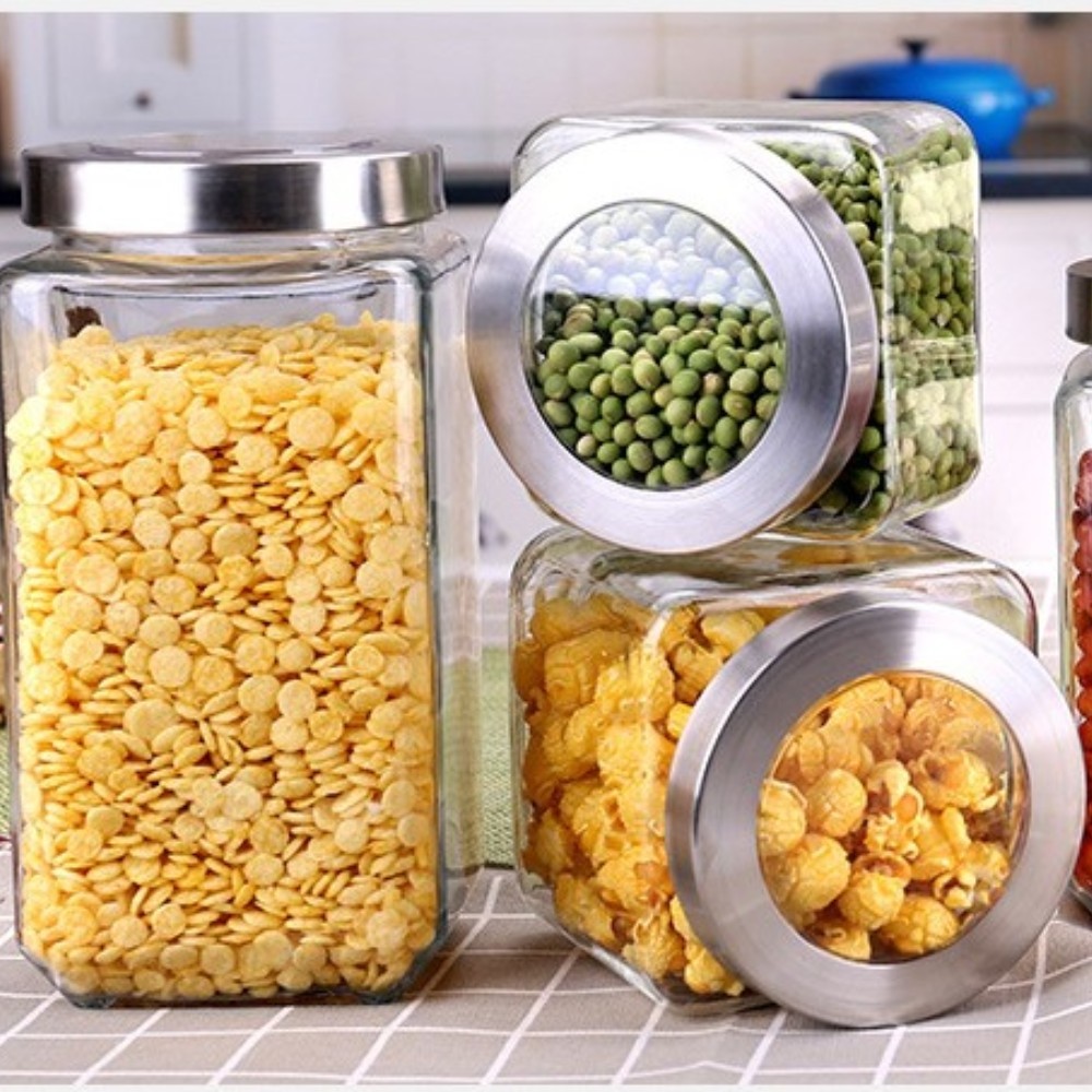 Airtight Glass Storage Containers Set/ 4 Square Glass Kitchen Canisters with Stainless Steel Lids/ Modern Kitchen Storage