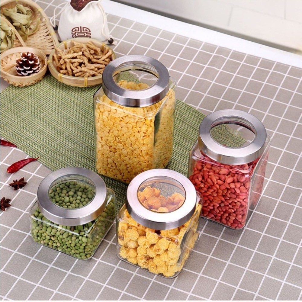 Airtight Glass Storage Containers Set/ 4 Square Glass Kitchen Canisters with Stainless Steel Lids/ Modern Kitchen Storage