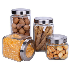 Airtight Glass Storage Containers Set/ 4 Square Glass Kitchen Canisters with Stainless Steel Lids/ Modern Kitchen Storage