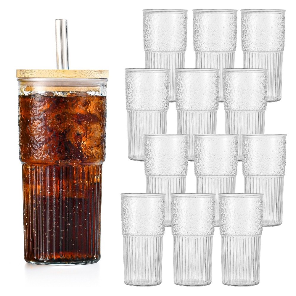 22oz 24oz Custom wide mouth Logo Beer Juice Tea Can Frosted Glasses Cups Tumbler With Bamboo Lid Glass Straw