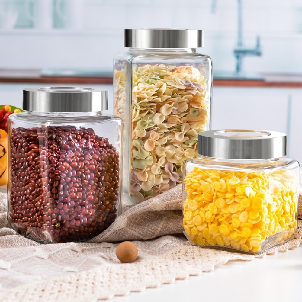 Airtight Glass Storage Containers Set/ 4 Square Glass Kitchen Canisters with Stainless Steel Lids/ Modern Kitchen Storage