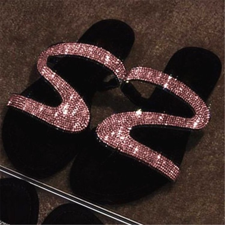 Stylish Ladies Flat Bottom Rhinestone Sandals Slippers Large Size 43 Open Toe Shiny Z Shape Roma Flip Flops