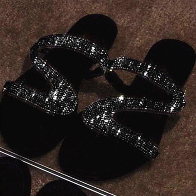 Stylish Ladies Flat Bottom Rhinestone Sandals Slippers Large Size 43 Open Toe Shiny Z Shape Roma Flip Flops