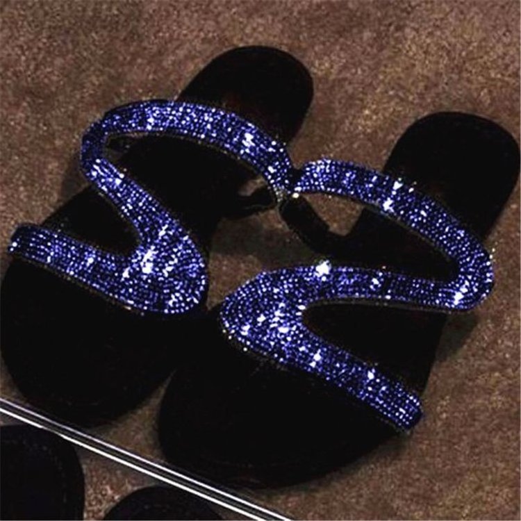 Stylish Ladies Flat Bottom Rhinestone Sandals Slippers Large Size 43 Open Toe Shiny Z Shape Roma Flip Flops