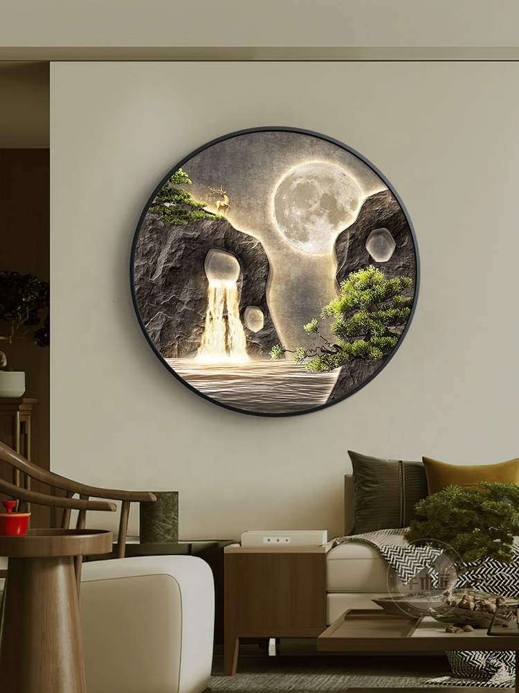 Flowing water generating wealth porch decoration LED painting landscape living room Chinese style round wall art