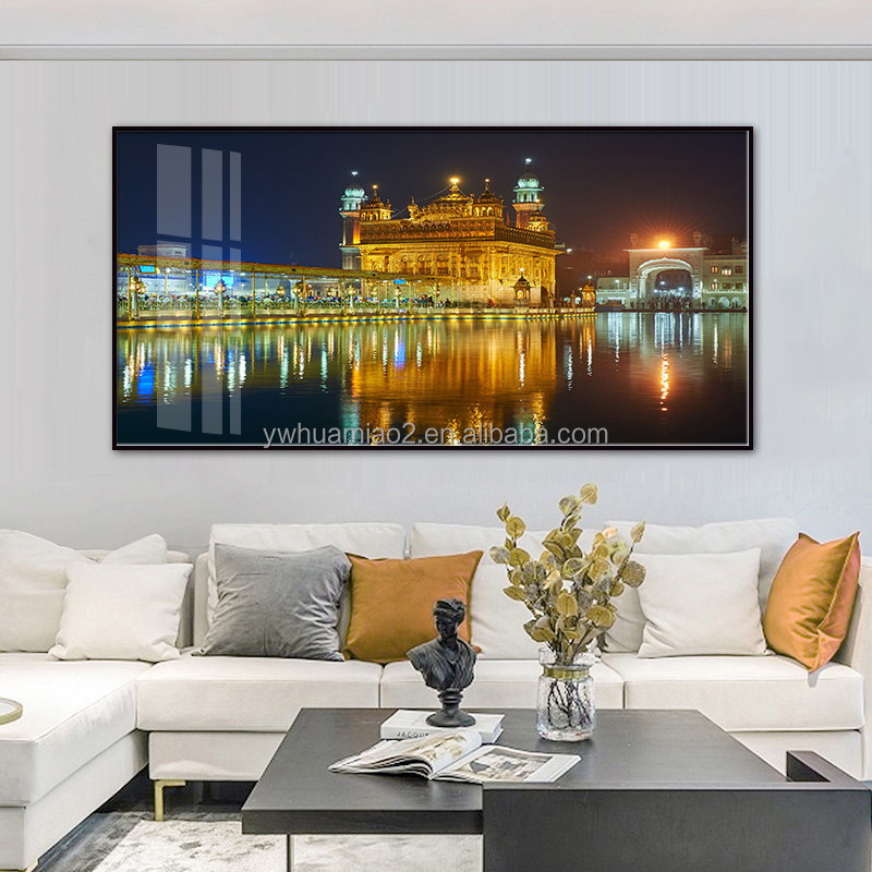 Hot Selling India Golden Temple Modern Landscape  tempered glass prints wall art golden temple painting home decoration