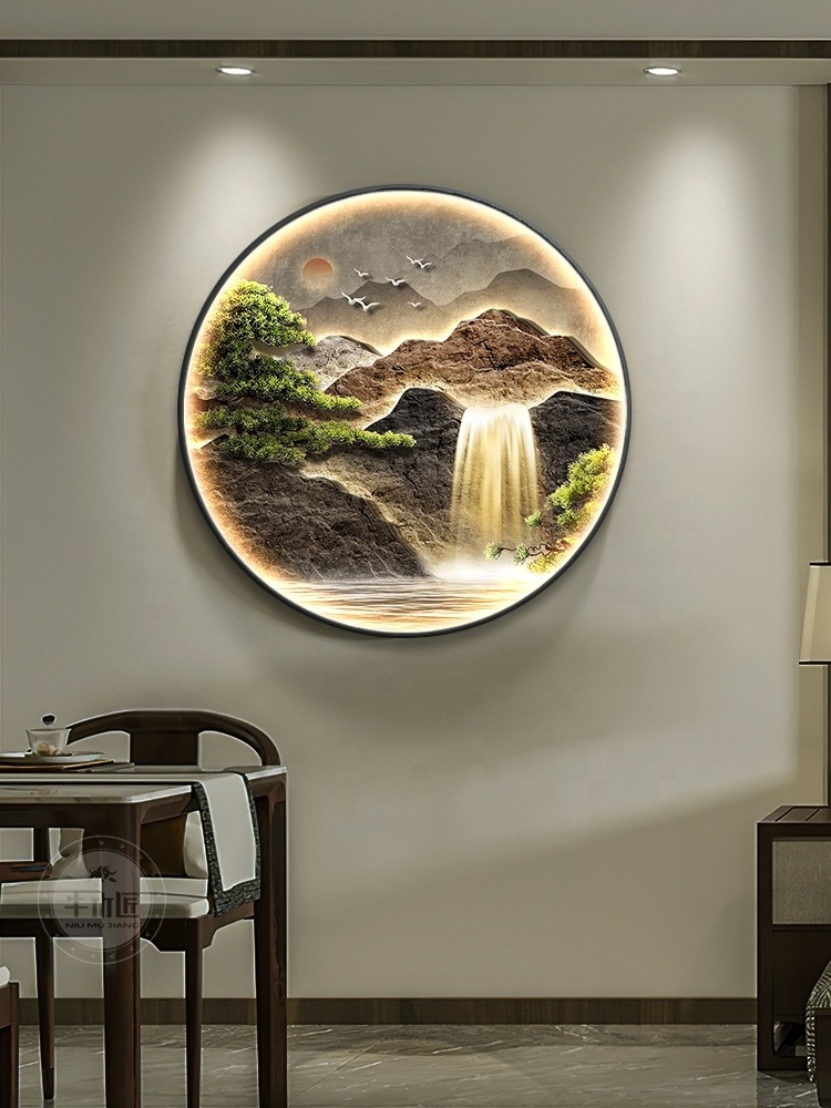 Flowing water generating wealth porch decoration LED painting landscape living room Chinese style round wall art