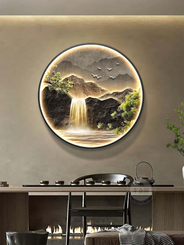 Flowing water generating wealth porch decoration LED painting landscape living room Chinese style round wall art