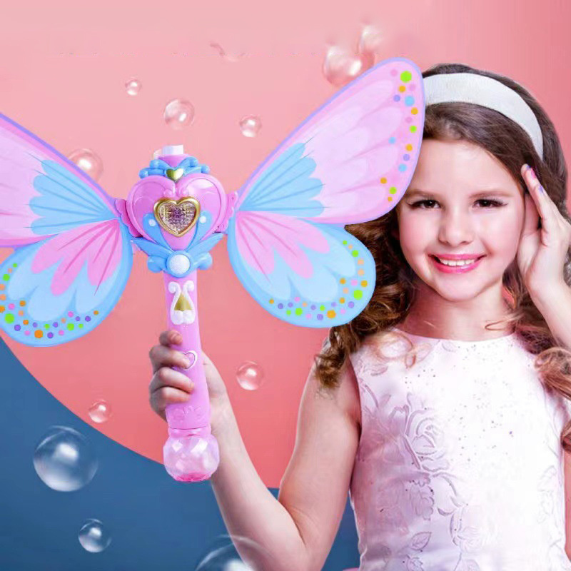 Outdoor Girl Princess Light Up Electric Automatic Magic Butterfly Bubble Wand Plastic Magic Bubble Glow Stick