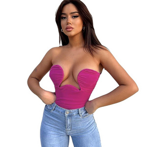 Women Y2K Slim Sexy Off-shoulder Tube Tops Low-cut Short Backless Strapless Cleavage Cut Out Body-shaping Vest Solid Tank Top