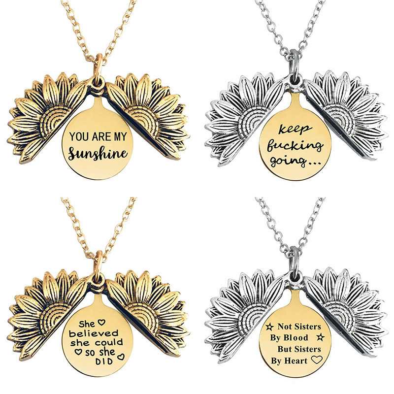 Vintage Inspirational Jewelry Stainless Steel Sunflower Necklace Locket with Engraved Hidden Message Pendant